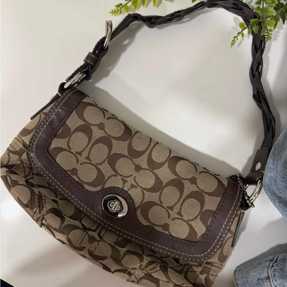 Coach Tan and Brown Signature Shoulder Bag